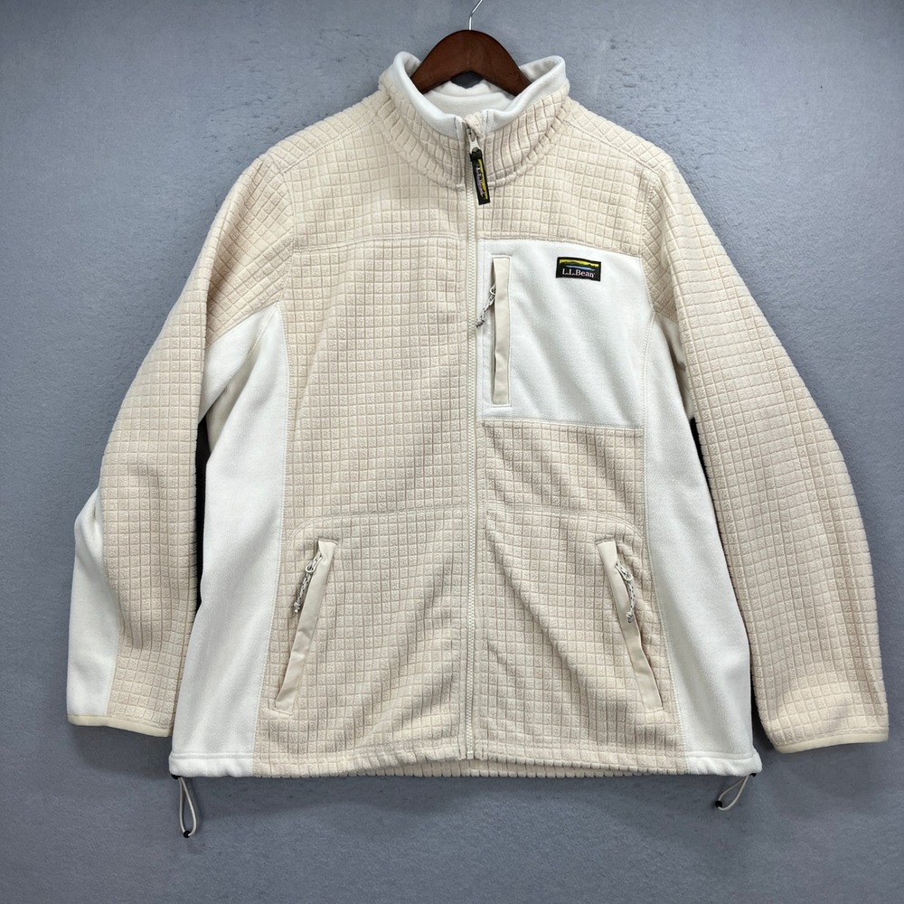 LL Bean Fleece Jacket Women 1X Plus Cream Zip Up Grid Mountain Classic Windproof